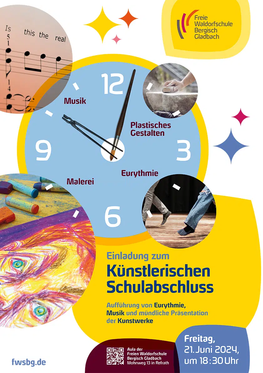 Ein Poster mit einer Uhr und Bildern von Musik und Tanz