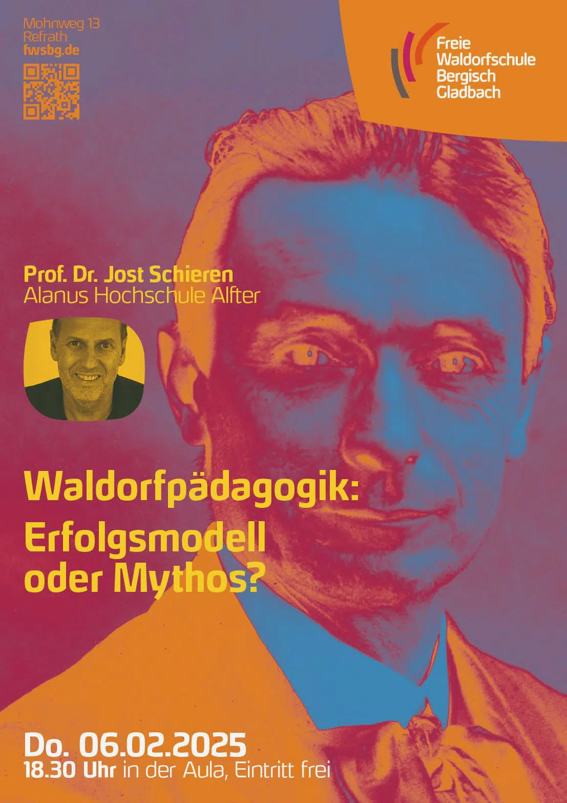 Ein Mann mit blauem und orangefarbenem Hintergrund