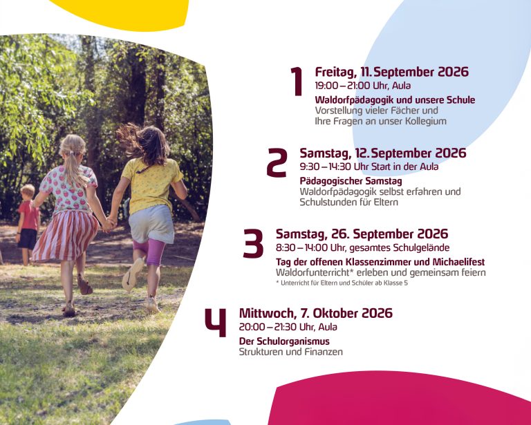 Zwei Kinder und ein Junge laufen spielend im Freien, während sie Hand in Hand durch eine grüne Umgebung gehen. Im Hintergrund sind Bäume zu sehen. Der Text auf der rechten Seite informiert über bevorstehende Veranstaltungen an einer Waldorfschule im September und Oktober 2026.