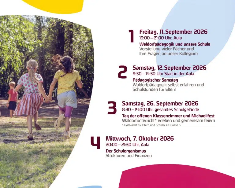 Zwei Kinder und ein Junge laufen spielend im Freien, während sie Hand in Hand durch eine grüne Umgebung gehen. Im Hintergrund sind Bäume zu sehen. Der Text auf der rechten Seite informiert über bevorstehende Veranstaltungen an einer Waldorfschule im September und Oktober 2026.