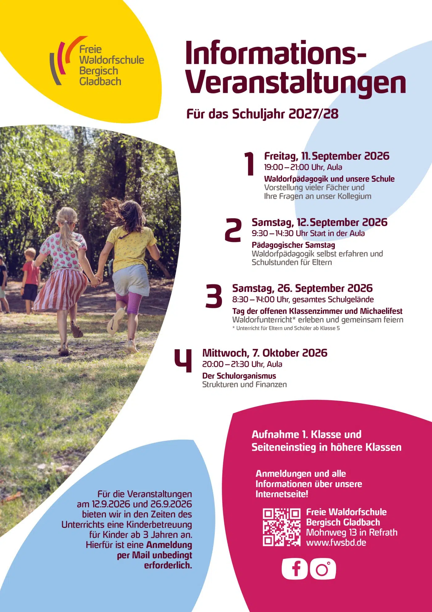 Informationsveranstaltungen der Freien Waldorfschule Bergisch Gladbach für das Schuljahr 2027/28, mit Terminen und Themen zu Waldorfpädagogik, Schulorganisation und Kinderbetreuung während der Veranstaltungen.